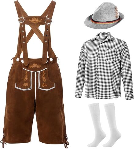 Oktoberfest Outfits Men, Oktoberfest Costume with Lederhosen Shirt Hat Socks, October Festival Costume for Men in Kuwait