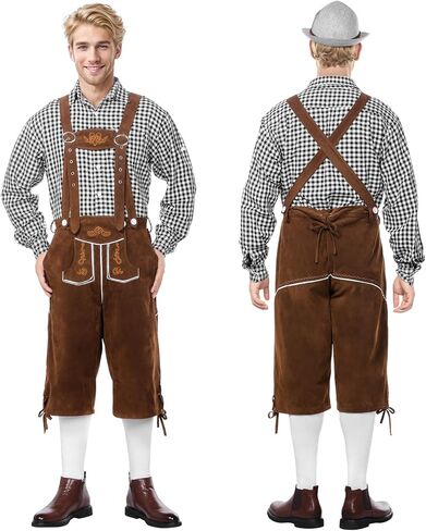 Oktoberfest Outfits Men, Oktoberfest Costume with Lederhosen Shirt Hat Socks, October Festival Costume for Men in Kuwait