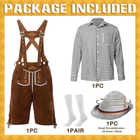 Oktoberfest Outfits Men, Oktoberfest Costume with Lederhosen Shirt Hat Socks, October Festival Costume for Men in Kuwait
