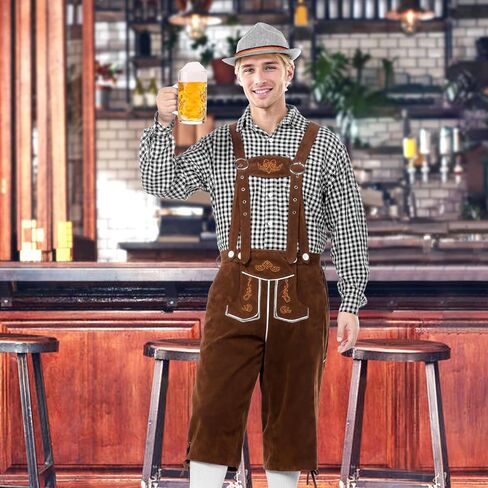Oktoberfest Outfits Men, Oktoberfest Costume with Lederhosen Shirt Hat Socks, October Festival Costume for Men in Kuwait