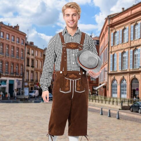 Oktoberfest Outfits Men, Oktoberfest Costume with Lederhosen Shirt Hat Socks, October Festival Costume for Men in Kuwait