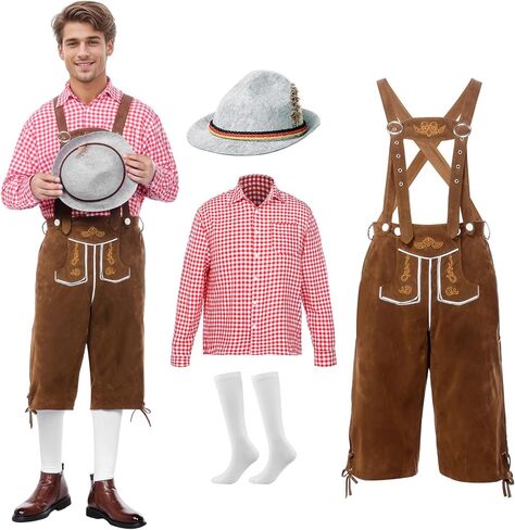 Oktoberfest Outfits Men, Oktoberfest Costume with Lederhosen Shirt Hat Socks, October Festival Costume for Men in Kuwait
