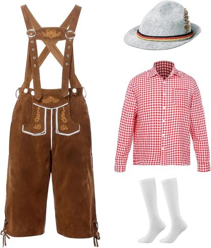 Oktoberfest Outfits Men, Oktoberfest Costume with Lederhosen Shirt Hat Socks, October Festival Costume for Men in Kuwait