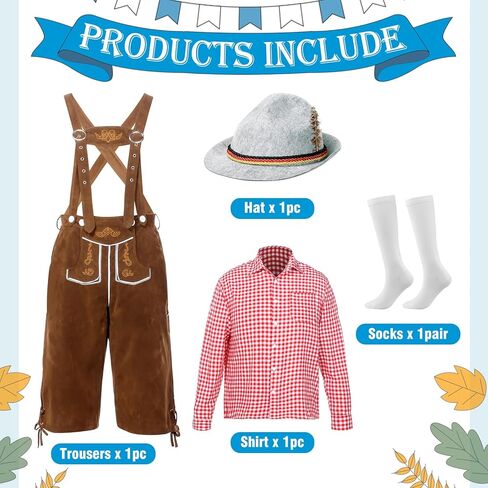 Oktoberfest Outfits Men, Oktoberfest Costume with Lederhosen Shirt Hat Socks, October Festival Costume for Men in Kuwait