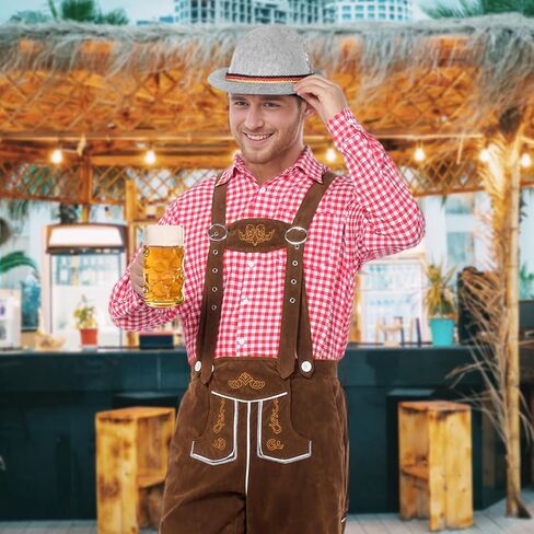 Oktoberfest Outfits Men, Oktoberfest Costume with Lederhosen Shirt Hat Socks, October Festival Costume for Men in Kuwait