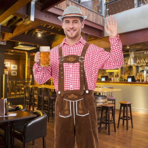 Oktoberfest Outfits Men, Oktoberfest Costume with Lederhosen Shirt Hat Socks, October Festival Costume for Men in Kuwait