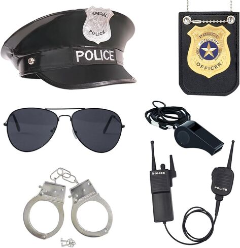 Police Officer Role Play Kit Hat Handcuffs Sunglasses Policeman Costume Accessories for Cop Swat Halloween Party in Kuwait