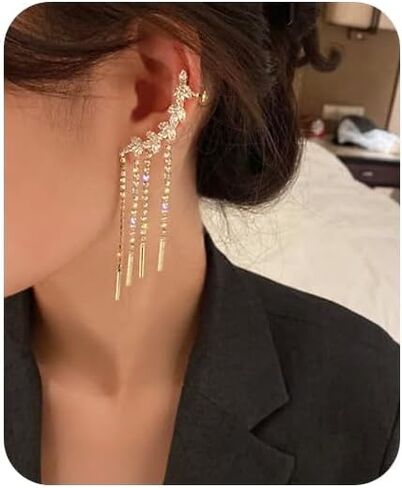 2PCS Glitter Rhinestone Long Tassels Dangle Ear Cuff Vintage Non-Piercing Fake Earrings Bridal Wedding Climber Ear Wrap Prom Ball Jewelry for Women Girls in Kuwait