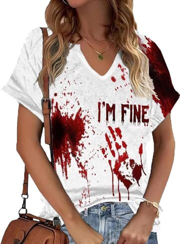 تي شيرت نسائي I'm Fine Bloody Halloween من Sanderson Sisters بأكمام قصيرة تم حل مشكلة الدم المرعب in Kuwait