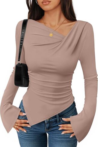 ZESICA Women's Long Bell Sleeve Shirts 2025 Fall Going Out Asymmetrical Crop Tops Slim Fit Ribbed Ruched Y2K Clothes in Saudi Arabia