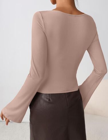 ZESICA Women's Long Bell Sleeve Shirts 2025 Fall Going Out Asymmetrical Crop Tops Slim Fit Ribbed Ruched Y2K Clothes in Saudi Arabia