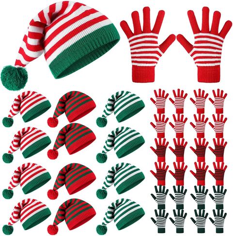 Geyoga 24 Pcs Christmas Knitted Elf Hat and Gloves Set for Adults Crochet Santa Hats Winter Striped Gloves Bulk Holiday Beanies with Pompom for Xmas Women Men in Saudi Arabia