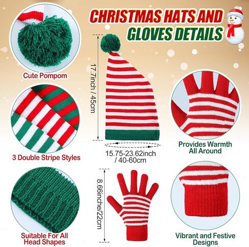 Geyoga 24 Pcs Christmas Knitted Elf Hat and Gloves Set for Adults Crochet Santa Hats Winter Striped Gloves Bulk Holiday Beanies with Pompom for Xmas Women Men in Saudi Arabia