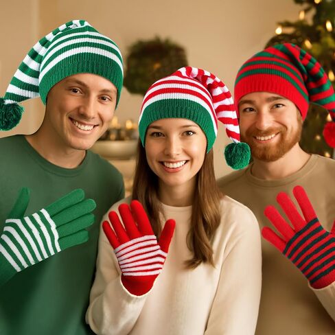 Geyoga 24 Pcs Christmas Knitted Elf Hat and Gloves Set for Adults Crochet Santa Hats Winter Striped Gloves Bulk Holiday Beanies with Pompom for Xmas Women Men in Saudi Arabia