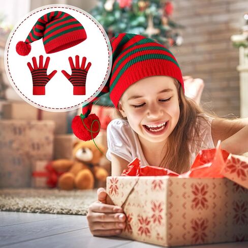 Geyoga 24 Pcs Christmas Knitted Elf Hat and Gloves Set for Adults Crochet Santa Hats Winter Striped Gloves Bulk Holiday Beanies with Pompom for Xmas Women Men in Saudi Arabia