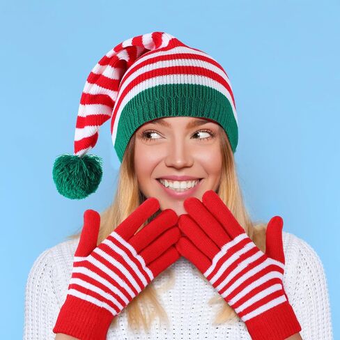 Geyoga 24 Pcs Christmas Knitted Elf Hat and Gloves Set for Adults Crochet Santa Hats Winter Striped Gloves Bulk Holiday Beanies with Pompom for Xmas Women Men in Saudi Arabia
