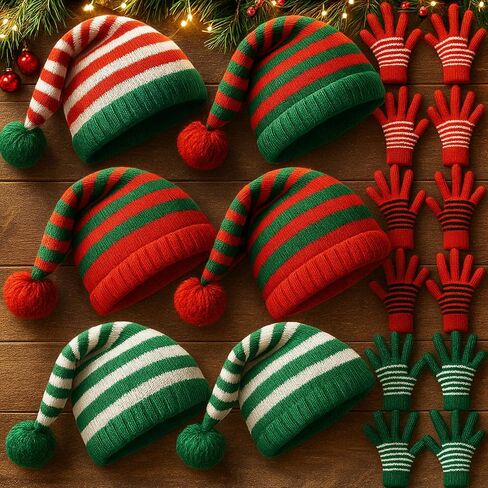 Geyoga 24 Pcs Christmas Knitted Elf Hat and Gloves Set for Adults Crochet Santa Hats Winter Striped Gloves Bulk Holiday Beanies with Pompom for Xmas Women Men in Saudi Arabia