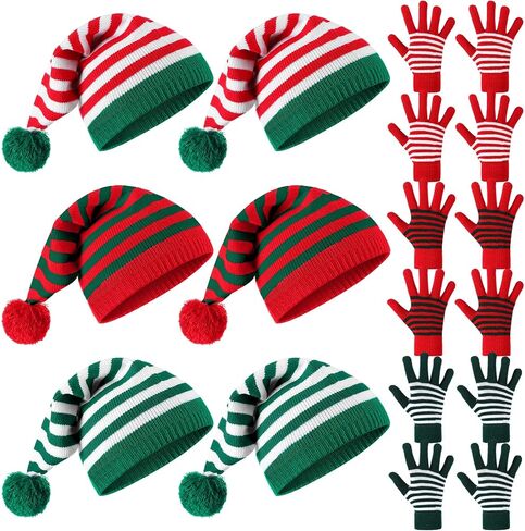 Geyoga 24 Pcs Christmas Knitted Elf Hat and Gloves Set for Adults Crochet Santa Hats Winter Striped Gloves Bulk Holiday Beanies with Pompom for Xmas Women Men in Saudi Arabia