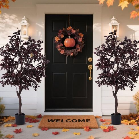 Giegxin 2 Pcs Artificial Cimicifuga Fall Faux Trees 4.4 ft Plum Cimicifuga Stems Plant Realistic Leaf Autumn Halloween Thanksgiving Wedding for Indoor Outdoor Front Porch Fireplace Garden Decor in Saudi Arabia