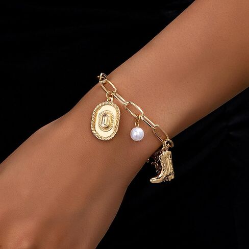 Western Charm Bracelet for Women Gold Cowboy Boot Bracelet Cowgirl Hat Western Bracelets Adjustable Pearl Horse Bracelets Trendy Elegant Jewelry Accessories in Saudi Arabia
