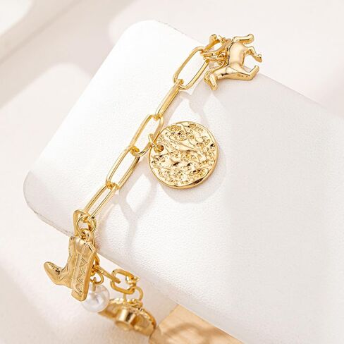 Western Charm Bracelet for Women Gold Cowboy Boot Bracelet Cowgirl Hat Western Bracelets Adjustable Pearl Horse Bracelets Trendy Elegant Jewelry Accessories in Saudi Arabia