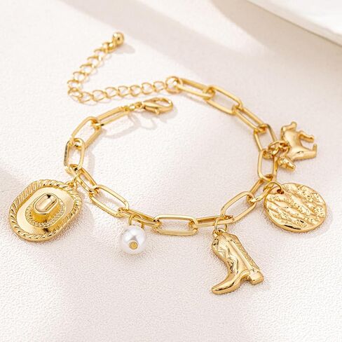 Western Charm Bracelet for Women Gold Cowboy Boot Bracelet Cowgirl Hat Western Bracelets Adjustable Pearl Horse Bracelets Trendy Elegant Jewelry Accessories in Saudi Arabia
