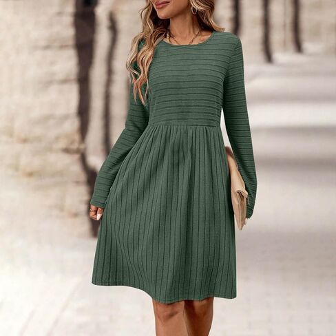 Sweater Dresses for Women 2025 Trendy Ribbed Knit Long Sleeve Dress Fall Casual Swing Crewneck Mini Dresses in Saudi Arabia