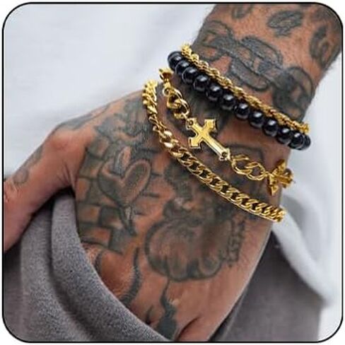 4 PCS Stainless Steel Cross Bracelets for Men Women Stainless Steel Cuban Link Bracelet Handmade Bead Link Punk Style Stackable Layered Cross Chain Bracelet Set Adjustable Punk Jewelry for Men in Saudi Arabia