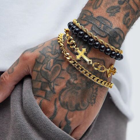 4 PCS Stainless Steel Cross Bracelets for Men Women Stainless Steel Cuban Link Bracelet Handmade Bead Link Punk Style Stackable Layered Cross Chain Bracelet Set Adjustable Punk Jewelry for Men in Saudi Arabia