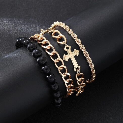 4 PCS Stainless Steel Cross Bracelets for Men Women Stainless Steel Cuban Link Bracelet Handmade Bead Link Punk Style Stackable Layered Cross Chain Bracelet Set Adjustable Punk Jewelry for Men in Saudi Arabia