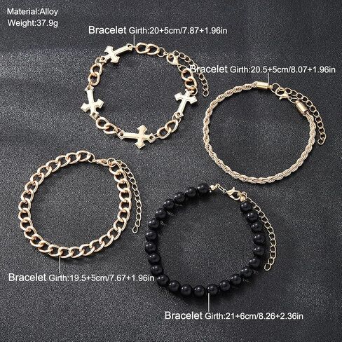 4 PCS Stainless Steel Cross Bracelets for Men Women Stainless Steel Cuban Link Bracelet Handmade Bead Link Punk Style Stackable Layered Cross Chain Bracelet Set Adjustable Punk Jewelry for Men in Saudi Arabia