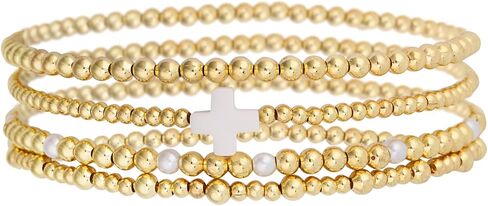 4pcs Gold Bead Stack Bracelets Set for Women, Non-Tarnish Gold Beaded Elastic Cross Pearl Bracelets Stackable Hand Chain Trendy Jewelry Gifts in Saudi Arabia
