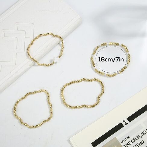 4pcs Gold Bead Stack Bracelets Set for Women, Non-Tarnish Gold Beaded Elastic Cross Pearl Bracelets Stackable Hand Chain Trendy Jewelry Gifts in Saudi Arabia