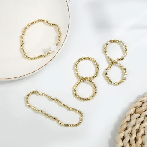 4pcs Gold Bead Stack Bracelets Set for Women, Non-Tarnish Gold Beaded Elastic Cross Pearl Bracelets Stackable Hand Chain Trendy Jewelry Gifts in Saudi Arabia