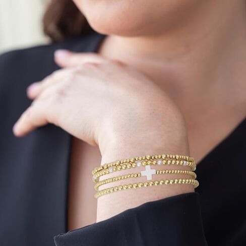 4pcs Gold Bead Stack Bracelets Set for Women, Non-Tarnish Gold Beaded Elastic Cross Pearl Bracelets Stackable Hand Chain Trendy Jewelry Gifts in Saudi Arabia