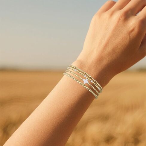 4pcs Gold Bead Stack Bracelets Set for Women, Non-Tarnish Gold Beaded Elastic Cross Pearl Bracelets Stackable Hand Chain Trendy Jewelry Gifts in Saudi Arabia