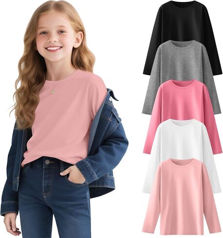 5 Pack Girls' Long Sleeve Shirts Kids Crewneck Basic Tees Solid Color Fall Winter Tops Bulk 5-14 Years in Kuwait
