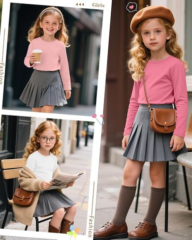 5 Pack Girls' Long Sleeve Shirts Kids Crewneck Basic Tees Solid Color Fall Winter Tops Bulk 5-14 Years in Kuwait
