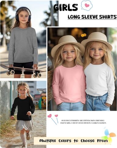 5 Pack Girls' Long Sleeve Shirts Kids Crewneck Basic Tees Solid Color Fall Winter Tops Bulk 5-14 Years in Kuwait