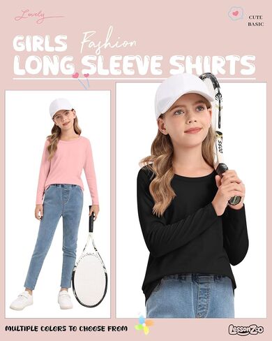 5 Pack Girls' Long Sleeve Shirts Kids Crewneck Basic Tees Solid Color Fall Winter Tops Bulk 5-14 Years in Kuwait