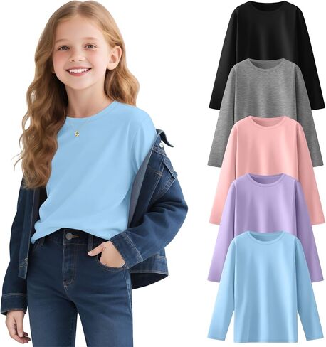 5 Pack Girls' Long Sleeve Shirts Kids Crewneck Basic Tees Solid Color Fall Winter Tops Bulk 5-14 Years in Kuwait