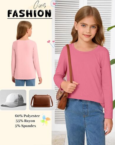 5 Pack Girls' Long Sleeve Shirts Kids Crewneck Basic Tees Solid Color Fall Winter Tops Bulk 5-14 Years in Kuwait