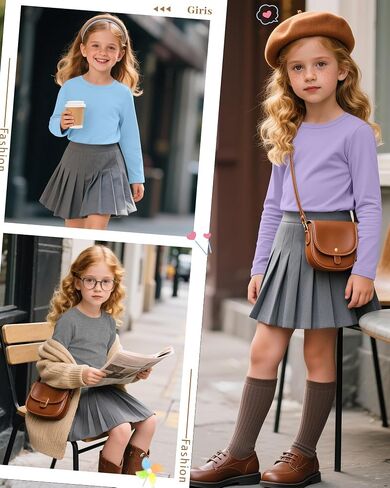 5 Pack Girls' Long Sleeve Shirts Kids Crewneck Basic Tees Solid Color Fall Winter Tops Bulk 5-14 Years in Kuwait