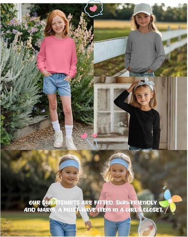 5 Pack Girls' Long Sleeve Shirts Kids Crewneck Basic Tees Solid Color Fall Winter Tops Bulk 5-14 Years in Kuwait
