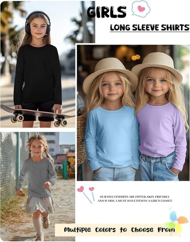 5 Pack Girls' Long Sleeve Shirts Kids Crewneck Basic Tees Solid Color Fall Winter Tops Bulk 5-14 Years in Kuwait