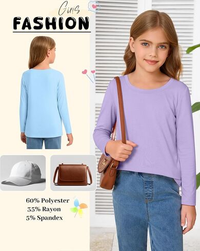 5 Pack Girls' Long Sleeve Shirts Kids Crewneck Basic Tees Solid Color Fall Winter Tops Bulk 5-14 Years in Kuwait