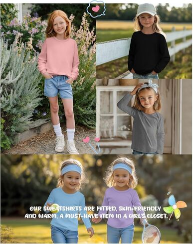 5 Pack Girls' Long Sleeve Shirts Kids Crewneck Basic Tees Solid Color Fall Winter Tops Bulk 5-14 Years in Kuwait