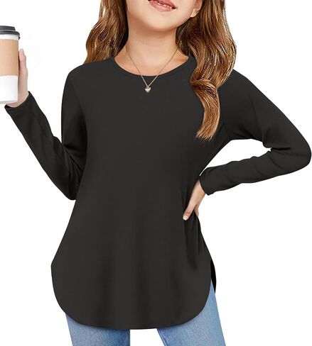 Arshiner Girls Long Sleeve T Shirts Round Neck Curve Hem Side Slit Basic Casual Loose Tunic Soft Tops in Saudi Arabia