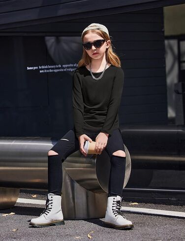 Arshiner Girls Long Sleeve T Shirts Round Neck Curve Hem Side Slit Basic Casual Loose Tunic Soft Tops in Saudi Arabia