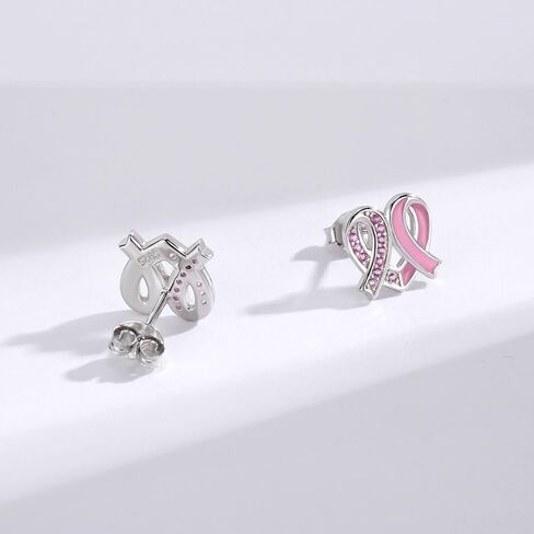 925 Sterling Silver Pink Ribbon Breast Cancer Awareness Stud Earrings Inspirational Gift for Women in Saudi Arabia